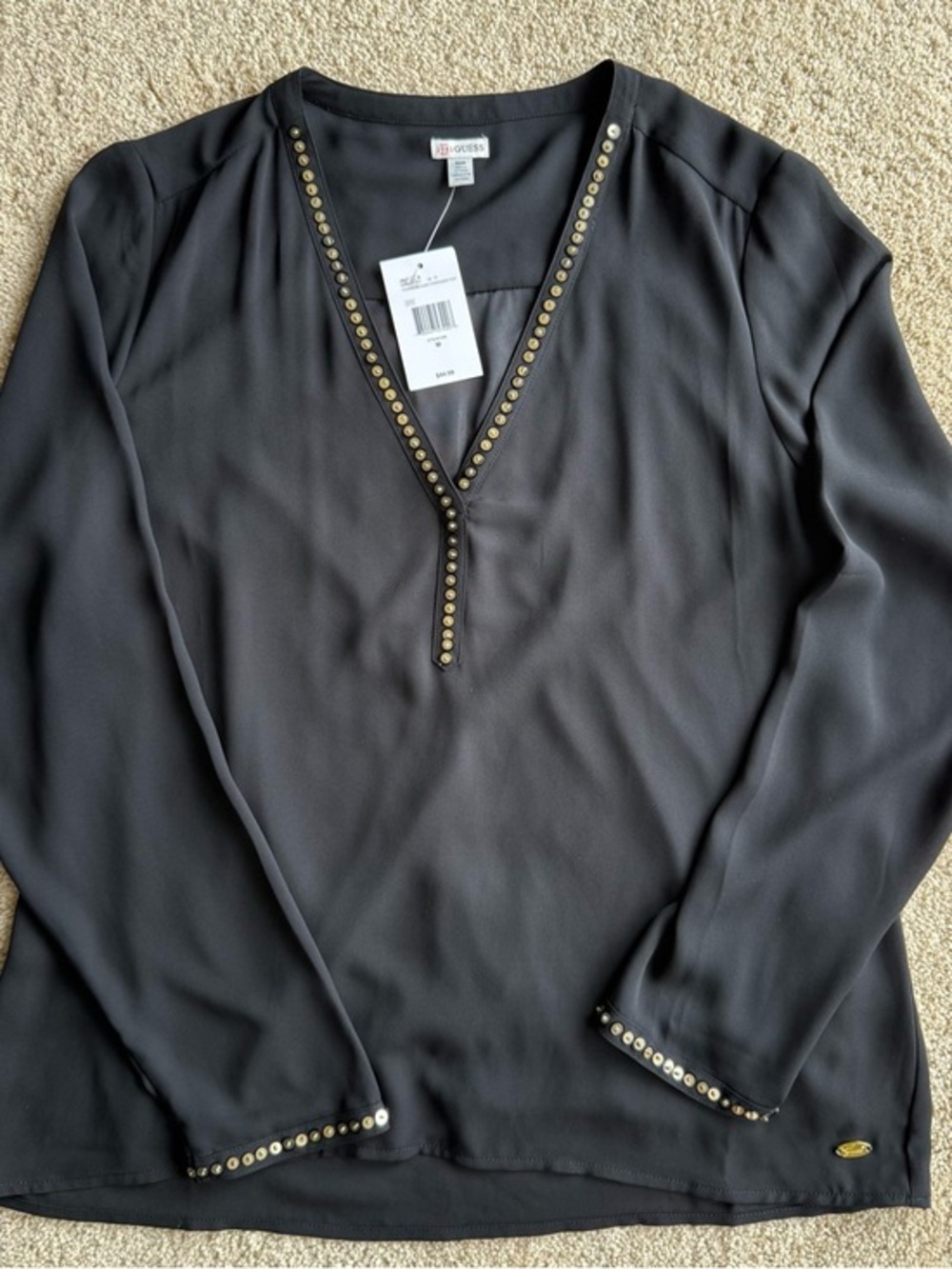 NWT GUESS 1981 Black Blouse Women Medium Studded V Neck Long Sleeve